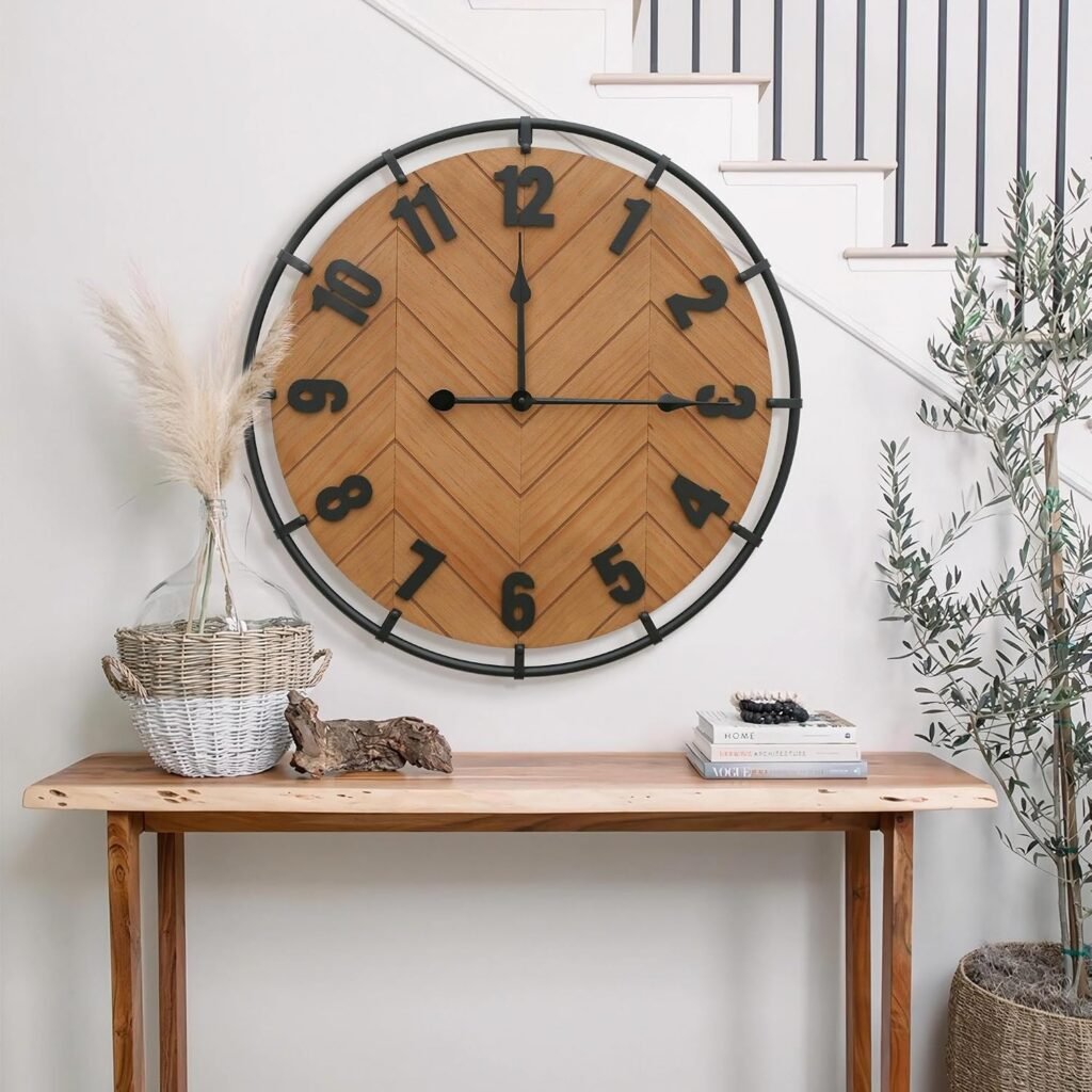 27 inch Large Wall Clock: Farmhouse Wood Dial Battery Operated