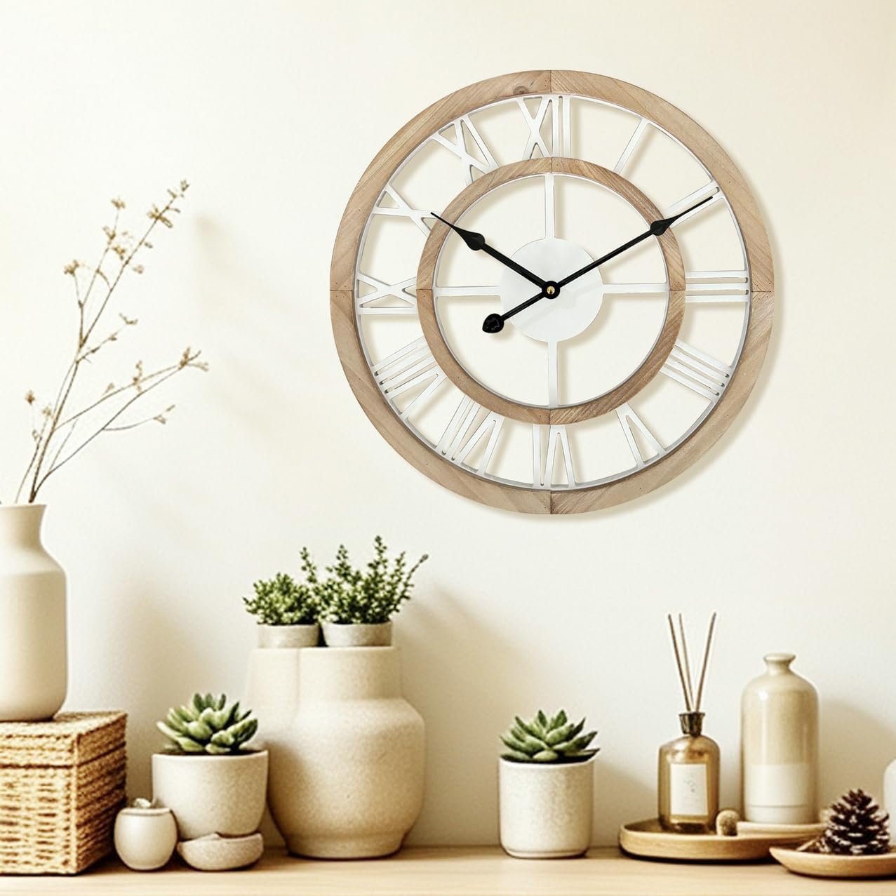 24 Inch Large Rustic Wall Clock Silent Non-Ticking Wooden Wall Clocks with Roman Numerals Farmhouse Decorative Clock for