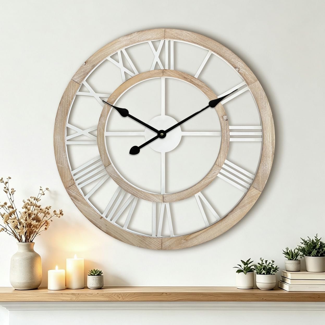 24 Inch Large Rustic Wall Clock Silent Non-Ticking Wooden Wall Clocks with Roman Numerals Farmhouse Decorative Clock for