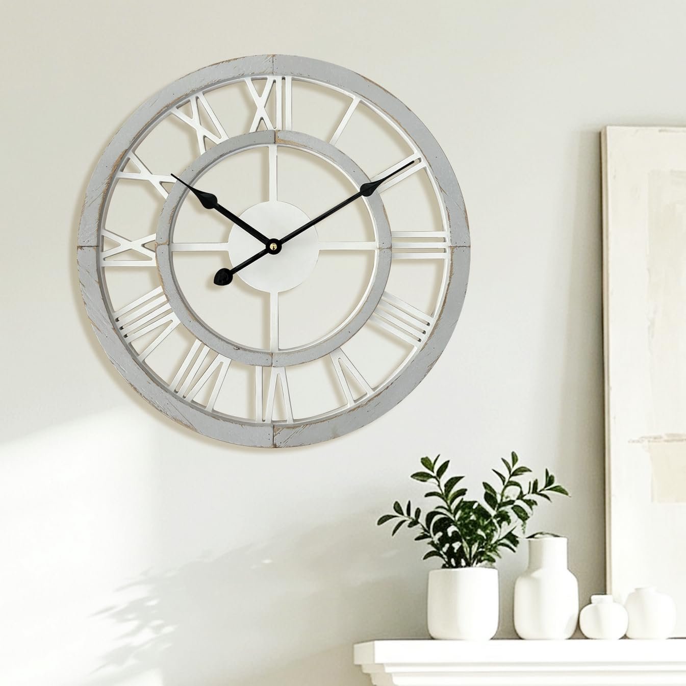 24 Inch Large Rustic Wall Clock Silent Non-Ticking Wooden Wall Clocks with Roman Numerals Farmhouse Decorative Clock for