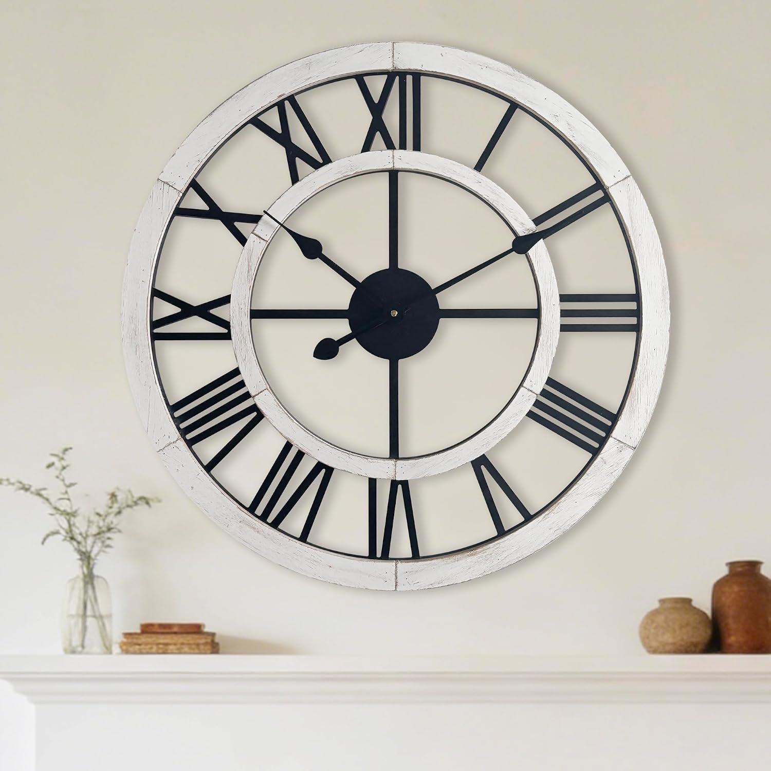 24 Inch Large Rustic Wall Clock Silent Non-Ticking Wooden Wall Clocks with Roman Numerals Farmhouse Decorative Clock for