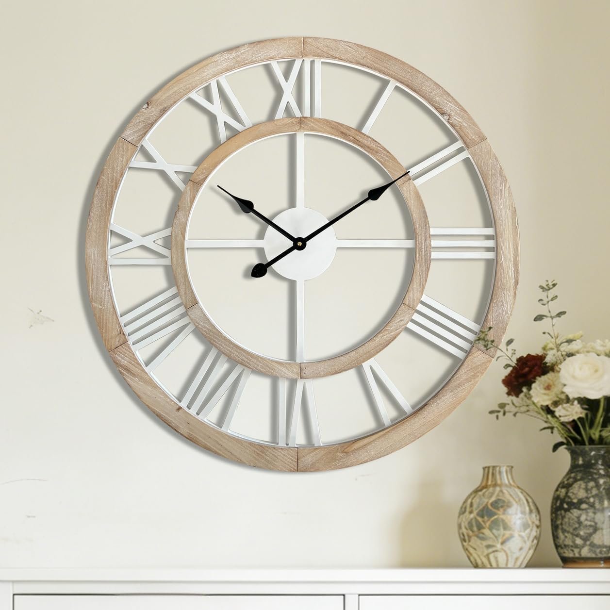 24 Inch Large Rustic Wall Clock Silent Non-Ticking Wooden Wall Clocks with Roman Numerals Farmhouse Decorative Clock for
