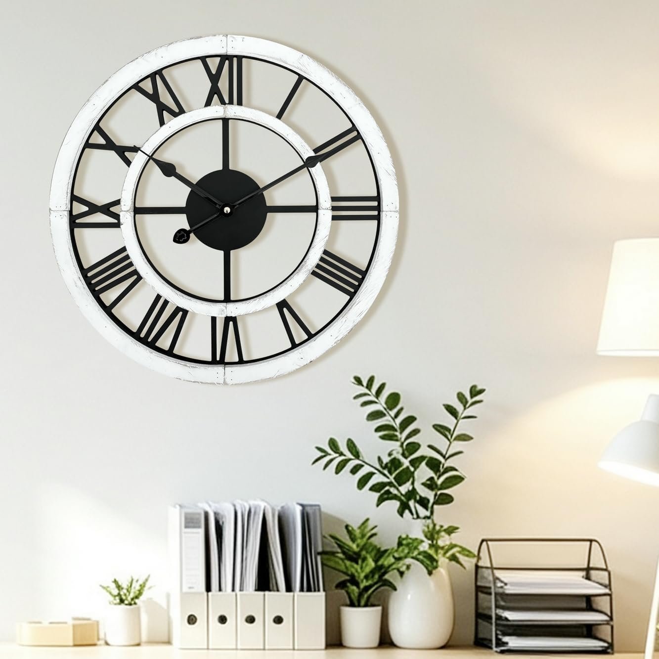 24 Inch Large Rustic Wall Clock Silent Non-Ticking Wooden Wall Clocks with Roman Numerals Farmhouse Decorative Clock for