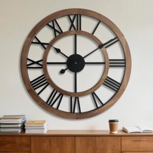 24 Inch Large Rustic Wall Clock Silent Non-Ticking Wooden Wall Clocks with Roman Numerals Farmhouse Decorative Clock for