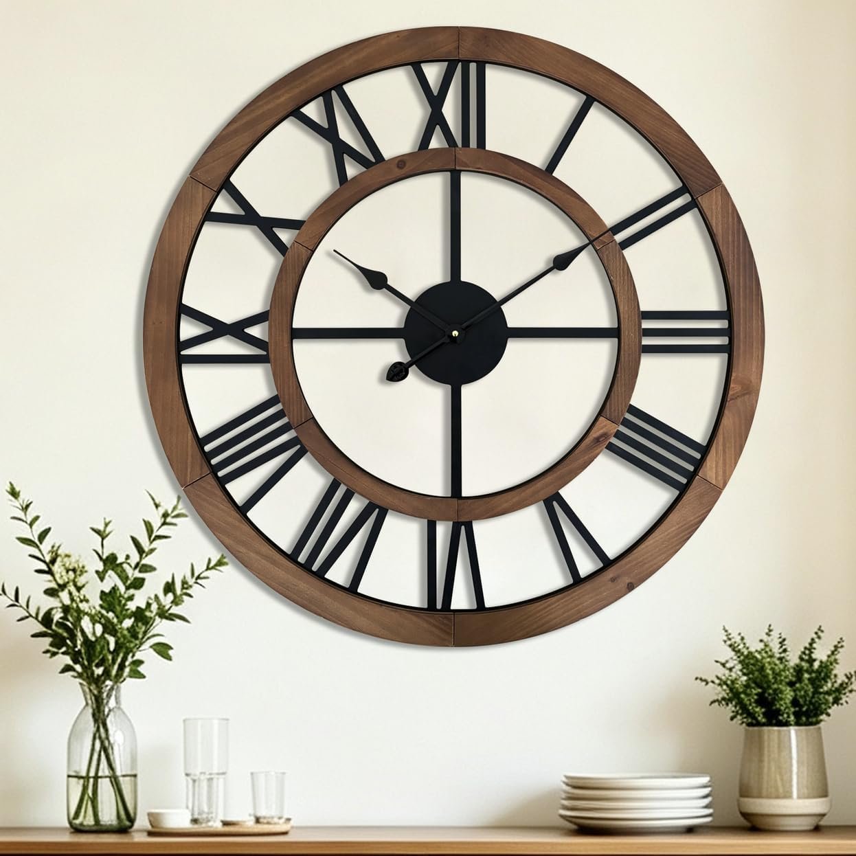 24 Inch Large Rustic Wall Clock Silent Non-Ticking Wooden Wall Clocks with Roman Numerals Farmhouse Decorative Clock for