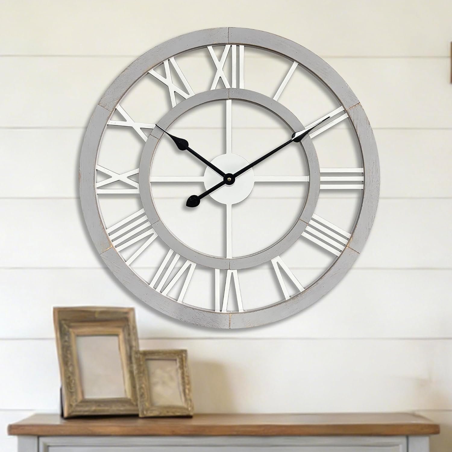 24 Inch Large Rustic Wall Clock Silent Non-Ticking Wooden Wall Clocks with Roman Numerals Farmhouse Decorative Clock for